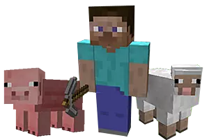 Left to right: A pig, Steve, and a sheep